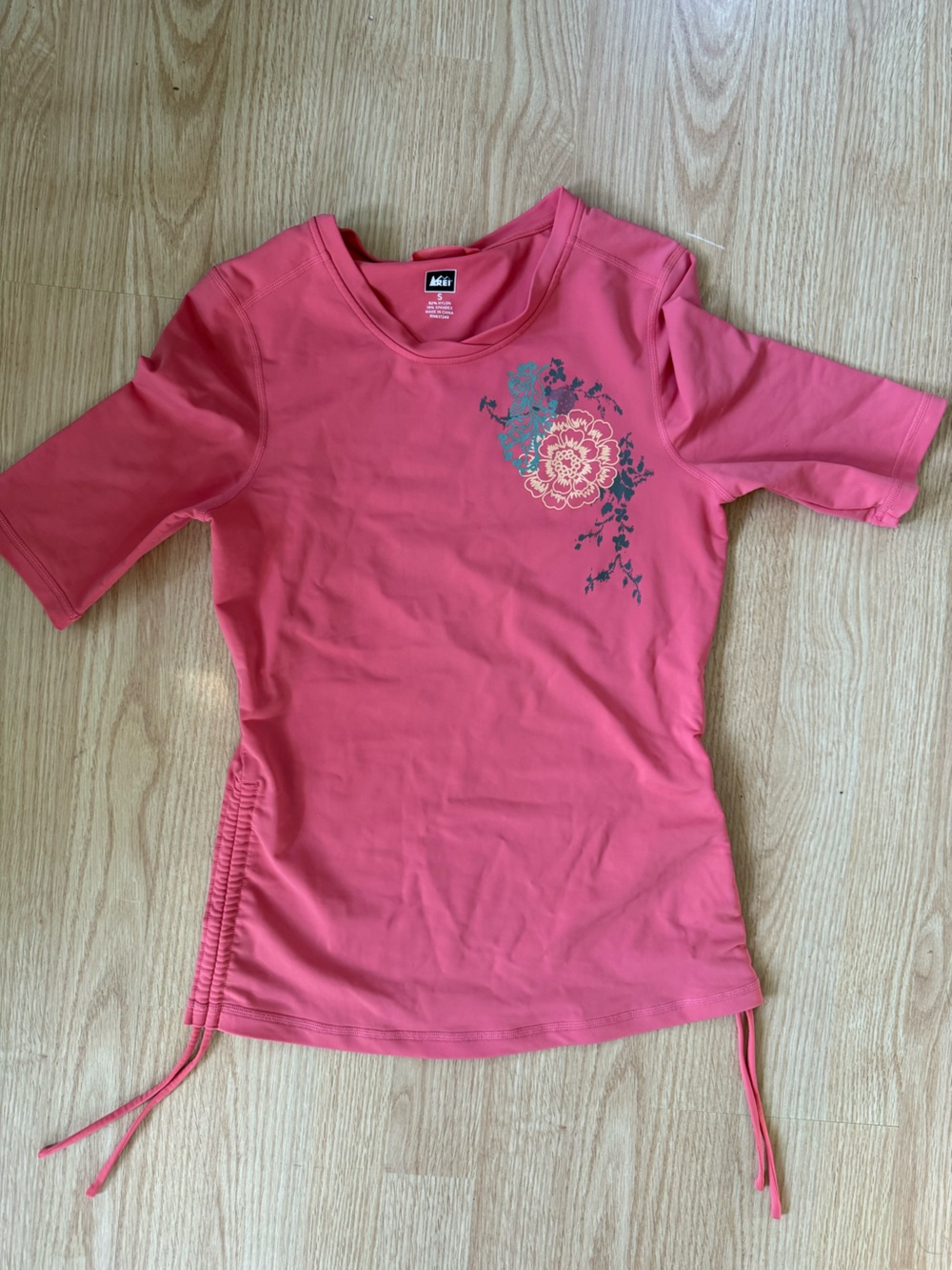 REI Coral Pink Short Sleeve Tee with Floral Chest Print